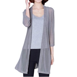 Aica Women's Summer Cardigan Knit Cardigan, Long Cardigan, Topper Cardigan, Cool, Thin, Summer Knit, V Neck, 3/4 Sleeve, Long Length, UV Protection, Cooling Protection, gray