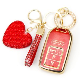 YIKECASE Key Fob Cover with Diamond Keychain Car Key Holder Compatible with Honda Accord Civic CRV Pilot Ridgeline Passport (2016-2022) Smart Remote Key Protector for Women, 5 Buttons (Red-Heart)