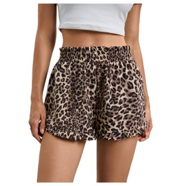 MakeMeChic Women's Gingham Ruffle Boxer Shorts Elastic High Waist Pajamas Lounge Shorts, Brown, Large