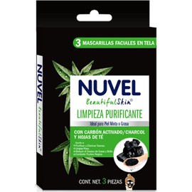 Nuvel Mascarilla Facial en Tela Limpieza Purificante, para Piel Mixta o Grasa, Con Carbón Activado y Té Verde, Paquete con 3 Piezas