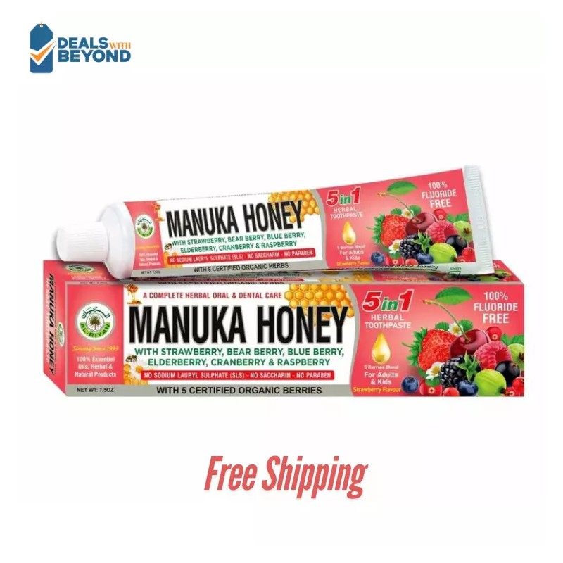 Al Riyan Organic Manuka Honey Herbal Toothpaste, Natural, 5-in-1, Fluoride-Free,