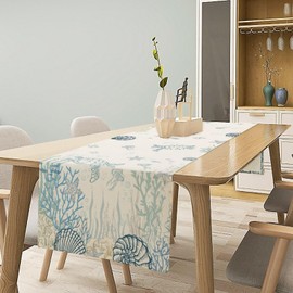 Camino de mesa de tortugas náuticas, costa marina, océano, concha, medusa, vida submarina, impresión para cocina, mesa de comedor, decoración de fiestas, 13 x 60 pulgadas