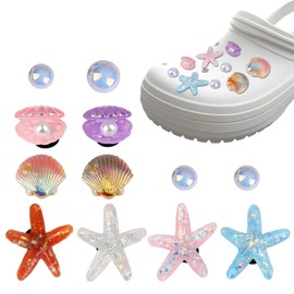 12 Pieces Summer Shoe Charms, Bling Beach Shoe Decoration Charms Cute Starfish Seashell Pearl Shoes Accessories Girly Bling Shell Charm for Crocs Women Birthday Party Gift