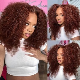 FORGIRLFOREVER Pre Cut 6x4 Wear Go Glueless Wig #33 Reddish Brown Kinky Curly Lace Front Closure Wig For Women Pre Plucked Afro Curly Human Hair Wigs - Size: 18