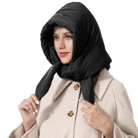 Women Down Cotton One Piece Hooded Scarf Hat Windproof Warm Earflap Hat Winter Thermal Trapper Hat with Chin Strap Black