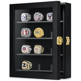TJ.MOREE Championship Ring Display Case, 12 Ring Posts Baseball Ring Display Case, 8 x 10 Wall Mount Wooden Glass Shadow Box - Black