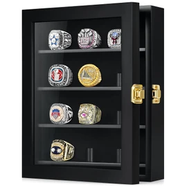 TJ.MOREE Championship Ring Display Case, 12 Ring Posts Baseball Ring Display Case, 8 x 10 Wall Mount Wooden Glass Shadow Box - Black