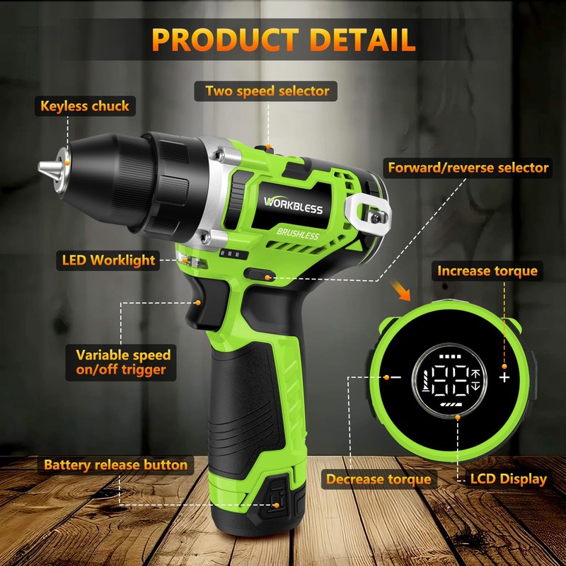 WorkBless 12V Brushless Power Drill, Cordless Drill with LCD Smart