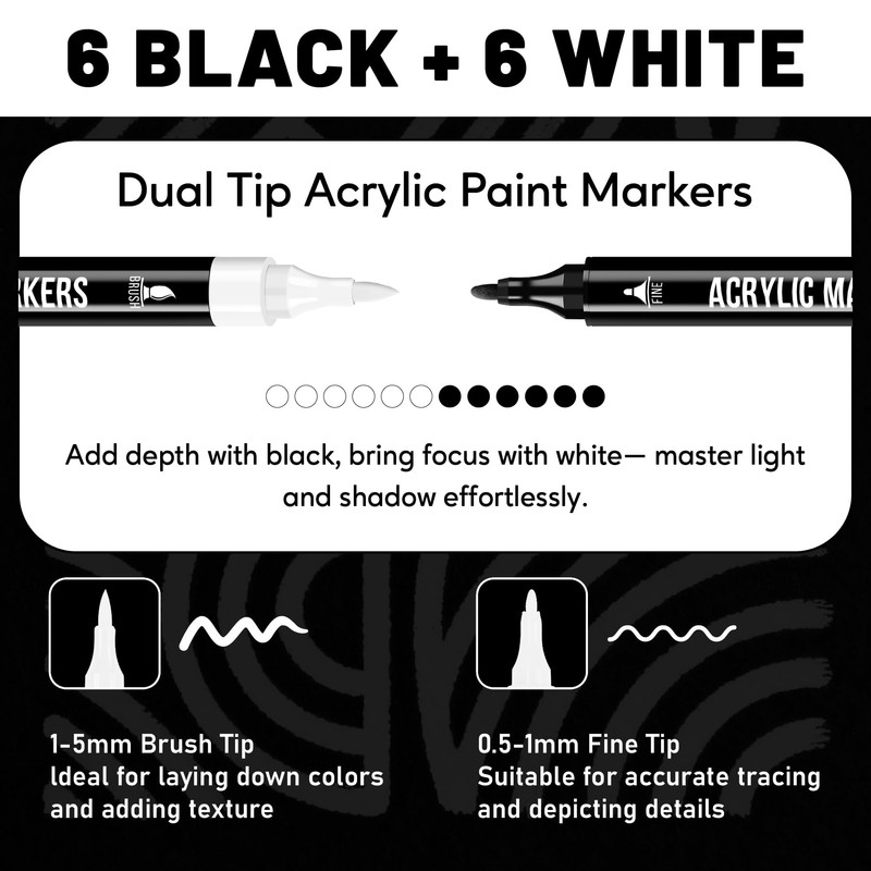 Pagather Black White Acrylic Paint Markers, 12 Dual Tip Fine