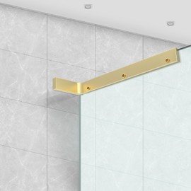 ZBuildMars Shower Glass Bracket Shower Glass Support Bar Wall to Glass Clamp L Bracket for Shower, No Drill in Glass (Glass on Right, Gold)