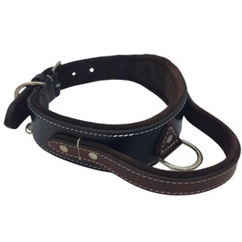 BlazingPaws® Helvington Heavy Duty Tactical Big Dog Collar with Handle in Premium Top Grain Leather with Soft Suede Leather Padding, for Large Dogs (L: Neck Size 15-19", Brown/Black)