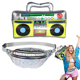 ROSAUI ROSAUI Aufblasbarer Ghettoblaster und Bauchtasche Set, 80er 90er Jahre Outfit Accessoires für Damen und Herren, Aufblasbare Radio Kostüm Accessoires Karneval Fasching Mottopartys Disco Festival