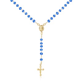 Barzel 18K Gold Plated Rosary Beaded Necklace, Virgin Mary Guadalupe Necklace, 18 Inches with 2 Inch Extension, Waterproof, Tarnish Free, Made in Brazil (Blue)