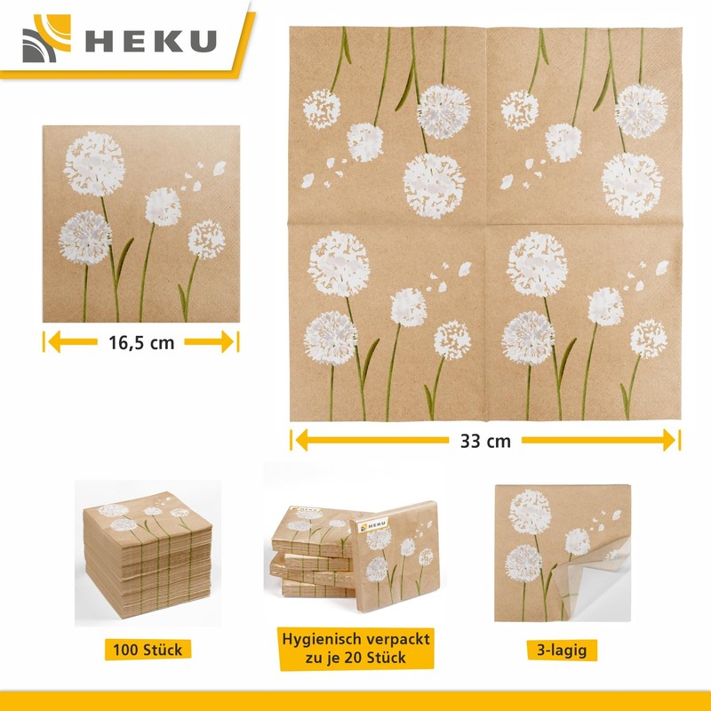 HEKU 30243-59: 100 napkins, 3-ply, ‘dandelion’, other