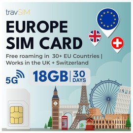 travSIM Europe SIM Card with 18GB Data (4G/5G) + Unlimited Calls & Texts | Valid 30 Days | Works in EU, UK & Switzerland | Data + Voice SIM for Whatsapp, Facebook, Instagram