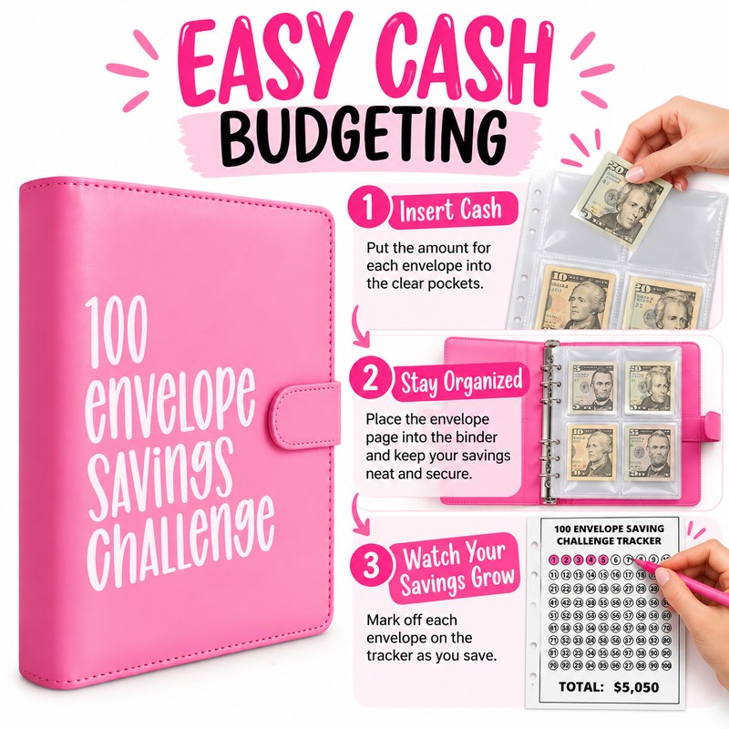 100 Envelope Savings Challenge Binder, 100 Day Money Saving Book