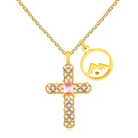 Yongxu Elegant Gold Plated Cross Necklace with Faith Mountain Charm and Mustard Seed | Stunning Christian Jewelry with Pink Cubic Zirconia for Women | Inspirational Religious Jewelry