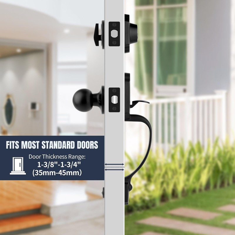 LOQRON Heavy Duty Front Door Handle Set Matte Black Entrance