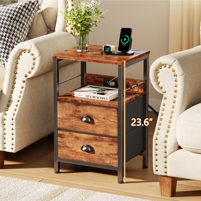 Furologee End Table with Charging Station, Nightstand with Fabric Drawers,