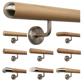 TIBU Ash Wooden Handrail Railing 0.3 m - 6 m, Length 30 cm, End Semicircular Stainless Steel Cap and 2 Angled Holders