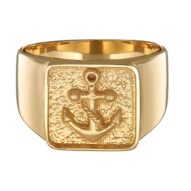 Kuzzoi Men's Signet Ring 925 Sterling Silver Signet Ring Solid (14 mm) Gold-Plated with Anchor Symbol Golden Ring for Men in Ring Size 60-66
