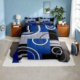 Royal Blue Black Grey Bedding Sets Full Geometry Swirls Spiral Comforter Set Abstract Gromment Stripes Quilt Bedroom Decor Geometric Plaid Bedding Modern Graphic Artwork Quilted Comforter All Season
