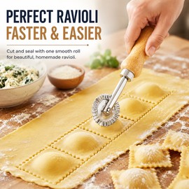Ravioli Cutter for Pasta & Pastry – Fluted Stainless Steel Wheel with Wood Handle for Dumplings, Pies & Cookies