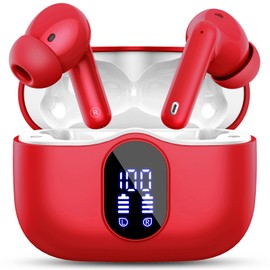 Wireless Earbuds, Bluetooth Headphones HiFi Stereo, Wireless Earphones with ENC Noise Cancelling Mic, Waterproof in Ear Wireless Headphones, Touch Control, red