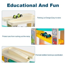 TOP BRIGHT Car Race Toy for Toddlers, Race Track Game Toy Vehicle Sets with 4 Wooden Cars, 1 Parking Garage and 4 Car Ramps, Montessori Toys Gifts for Boy Girl Age 18 Months and Up