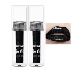 Black Glitter Lip Gloss, Diamond Shimmer Lipstick, Metallic Matte Lipstick High Pigment Waterproof Long Lasting Lipsticks, Sparkling Glossy Liquid Lipstick Lip Gloss for Women