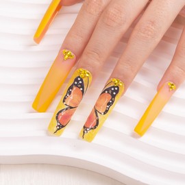 LOVFUL Press on Nails Follow Me Butterfly| Handmade with Full Covered Crystals| Reusable Fake Nails| Square Mid length 1.7in| H152-S