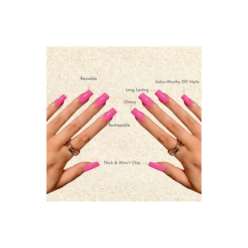 Uñas postizas de gel rosa intenso, largas y cuadradas, uñas