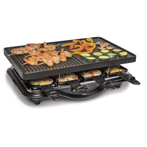 Hamilton Beach Electric Indoor Raclette Table Grill, 200 sq. in. Nonstick Griddle Serves up to 8 People for Parties and Family Fun, Includes 8 Warming Trays, Black (31612-MX)