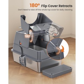 Stainless Steel Litter Box with Lid XL Large Enclosed High Sided Covered Metal Steel Cat Litter Box with Steps Scoop, Easy Cleaning with High Sided Enclosure & Scoop Non-Sticky, Anti-Leakage