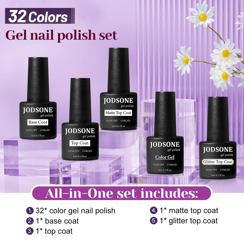 JODSONE 32+4 Pcs Gel Nail Polish Kit Soak Off Gel