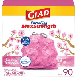 Glad Tall Kitchen Trash Bags 13 Gallon, MaxStrength Cherry Blossom Garbage Bags, Drawstring, 90 Count