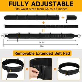 Padded Tool Belt,4-Inch Heavy Duty Tool Belts for Men with 5 Suspenders Ring,Work Belts for Electrician,Carpenter,Construction,Utility Belt,Adjustable Waist 34''-47''(Pouch not Included)