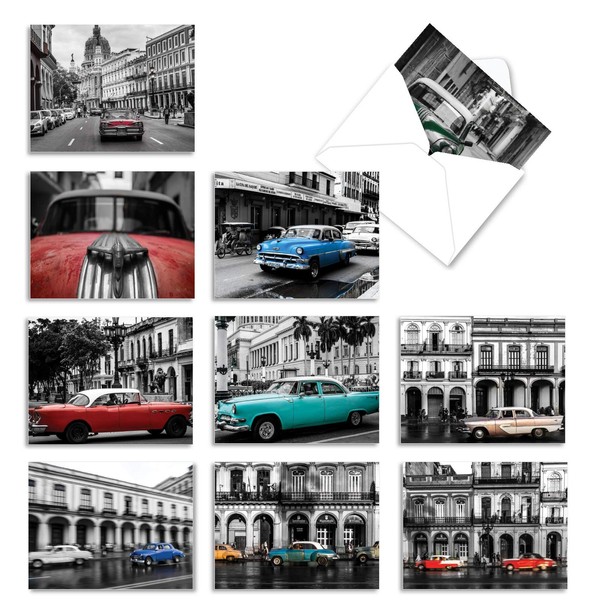 Box of 10 Thank You Note Cards 4 x 5.12 inch with Envelopes - ‘Havana Hotrods' Assortment of Greeting Cards Featuring Classic Cars Set in a Black and White Cityscape M6550TYG