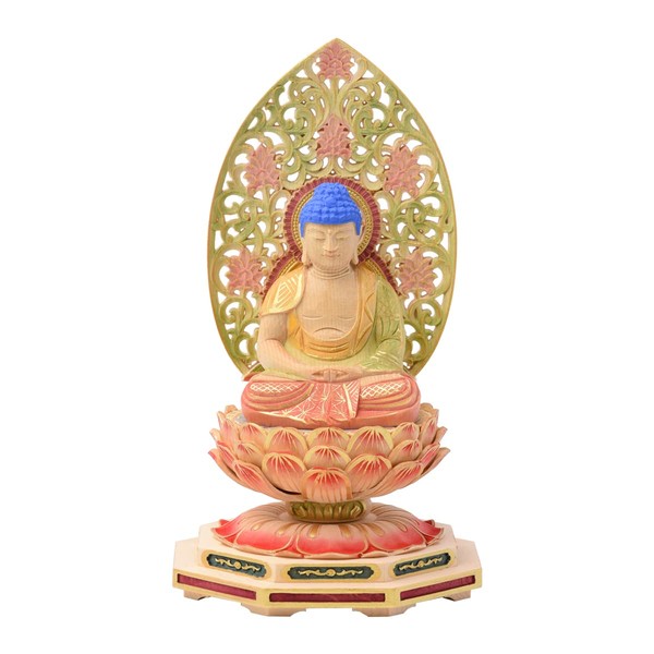 Amitabha Buddhist Statue, Tendai Buddha, 2.0 inch, Cypress Wood, Carved, Octagonal Base, Karabesque, Born in Year of the Year of the Dog, Protection from Evil, Tendai Sect Honzon (Height 7.3 x Width