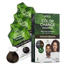 Red by Kiss Color Change Shampoo – Permanent Hair Color with 100% Gray Coverage, Quick 7-10 Minute Formula, No Tools Needed, Herbal Extracts, Includes 3 Shampoo Pouches (Medium Brown)
