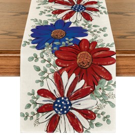 Artoid Mode Eucalyptus Daisy Sunflower 4th of July Table Runner, Patriotic Memorial Day Kitchen Dining Table Decoration for Home Party Decor 13x90 Inch