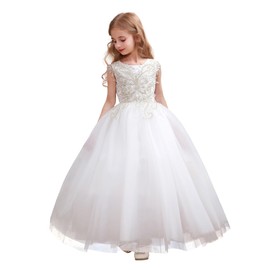Fancy Sequin Beaded Girls Pageant Ball Gown Lace V Back Flower Girl Dress for Wedding (Size 10, White)