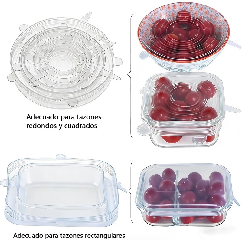 12 pcs Tapas Elásticas de Silicona（6 Redondos Y 6 Cuadrados）,