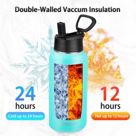 Insulated Water Bottle With Straw,32 oz Vacuum Insulated Stainless Steel Sports Water Flask,Keeps Cold and Hot,Metal Water Bottle Wide Mouth for Gym Travel Camping (Turquoise)