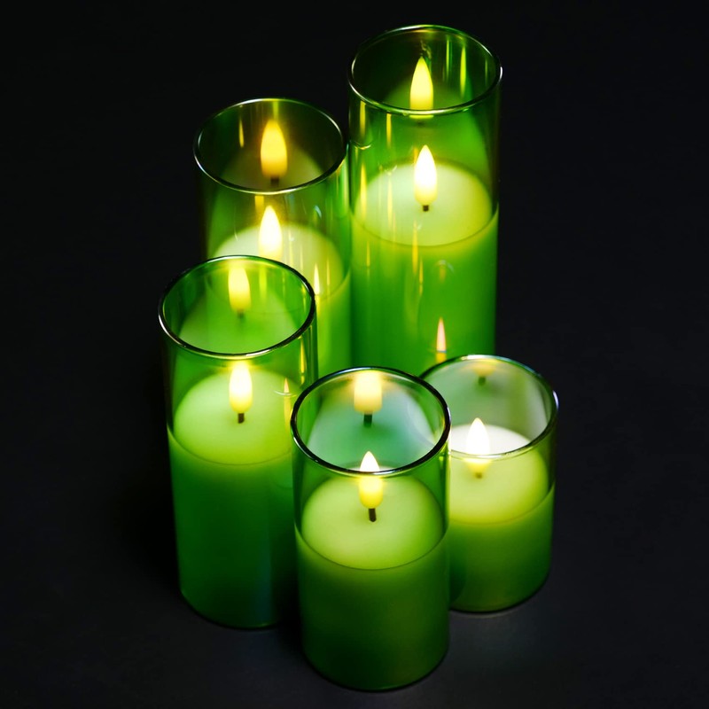 Girimax Green Glass Flameless Candles with Remote, Flickering LED Votive