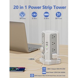 Surge Protector Power Strip Tower,10FT Long Extension Cord with Multiple Outlets 1625W 13A, Desk Charging Station with 16 Outlets and 4 USB Ports for Home, Office Desk Supplies, Dorm Room