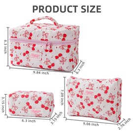 Denovin 3-Piece Quilted Makeup Bag, Large Cute Coquette Pink Makeup Bag Set, Aesthetic Cosmetic Bags for Women, Travel Toiletry Bag Organizer with Zipper (Cherry Bow)