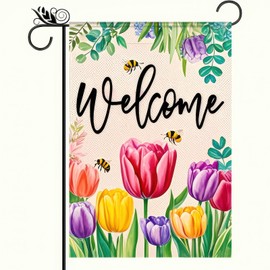 BlissYard Welcome Garden Flag 12x18 Double Sided Small Flags with Tulip and Bees Backdrop for Spring Summer Garden Flags Outside Holiday Seasonal Decor Yard Flags Yard Patio Lawn Decoration