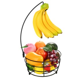 DIYZON Countertop Fruit Basket Bowl with Banana Hanger, Modern Standing Fruit Vegetable Bowl Storage, Storage Basket Fruit with Fruit Hook, Suitable for Kitchen Countertop (Round Metal, Black)