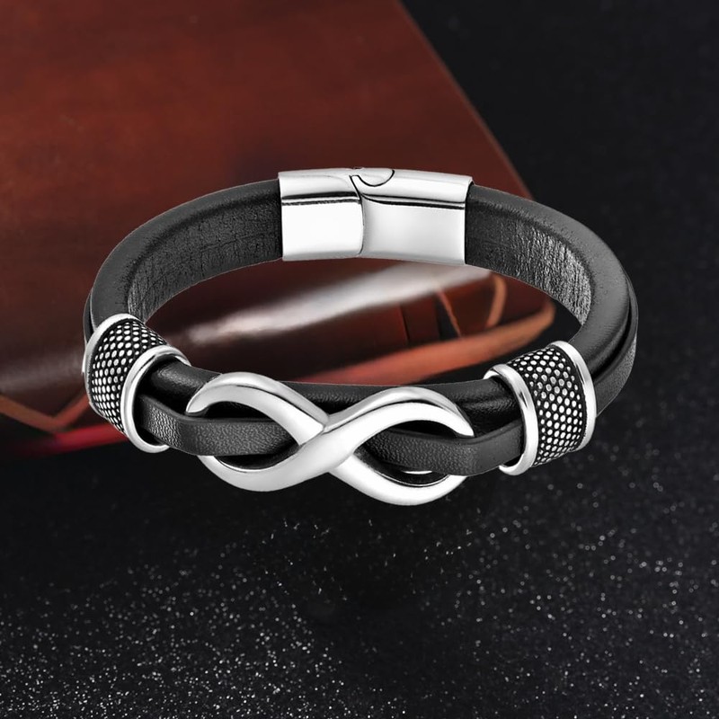 REchoLI Infinity Bracelet for Men,Stainless Steel Silver Men Infinity Leather